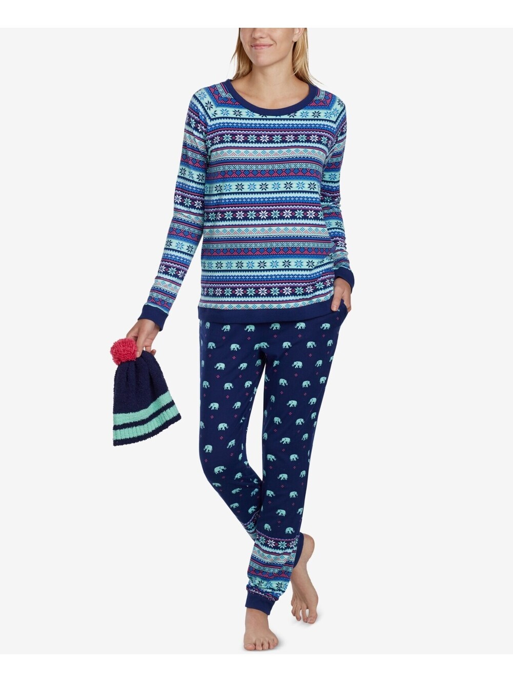 Layla Womens Cozy Pajama With Beanie 2 Piece Set Navy Print Size L